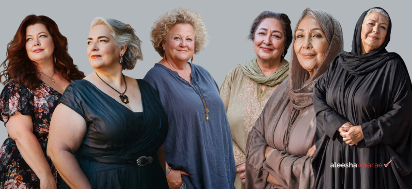Plus size women over 50 in UAE wearing modest and modern fashion from aleeshawear. Abayas, co-ord sets and midi dresses for curves in sizes 2XL to 5XL